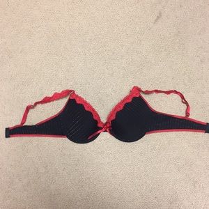 Pinstripe Bra with Red Lace Detail